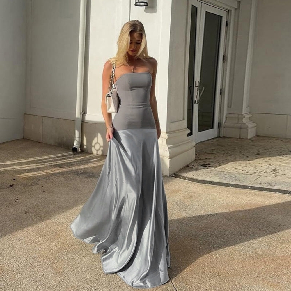 Strapless Silver Satin Evening Gown